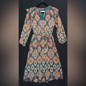 LOFT Teal and Orange Patterned Midi Dress Boho Chic Moroccan, Tie belt Lined
